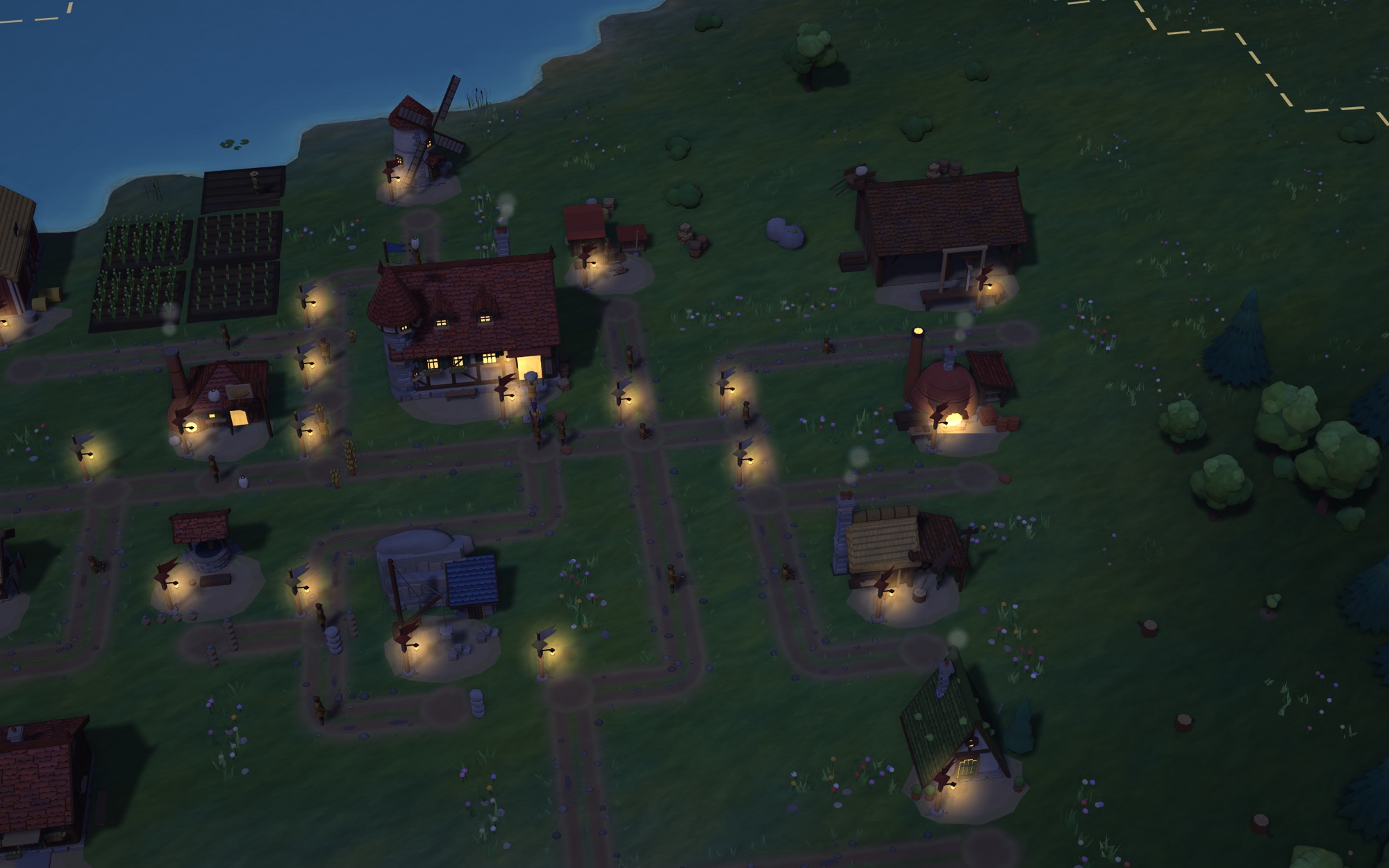 Night: lanterns on every waypost and warm windows where villagers are home