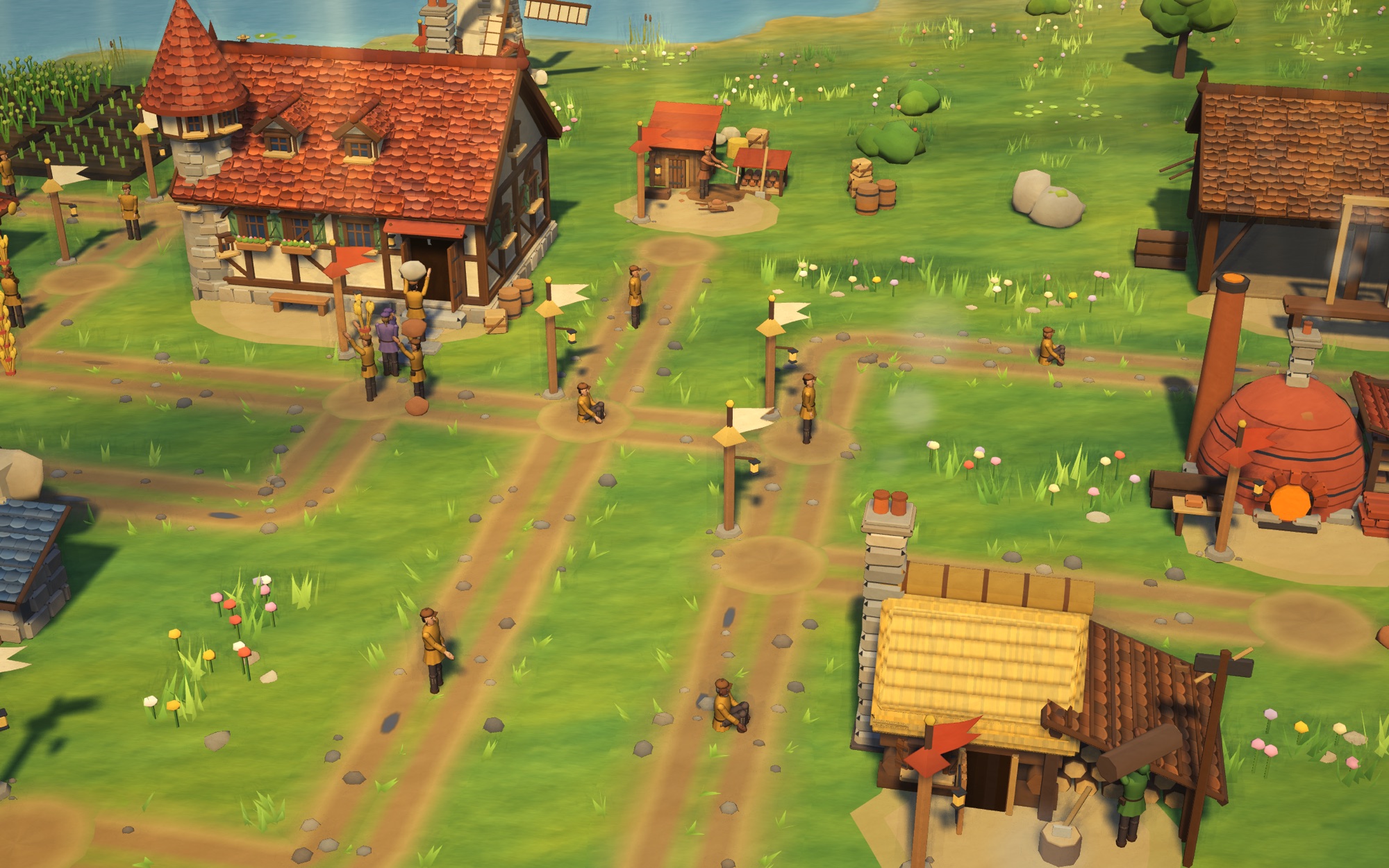 Villagers at work up close: timber houses, a sawmill, garden plots and people carrying goods along the roads