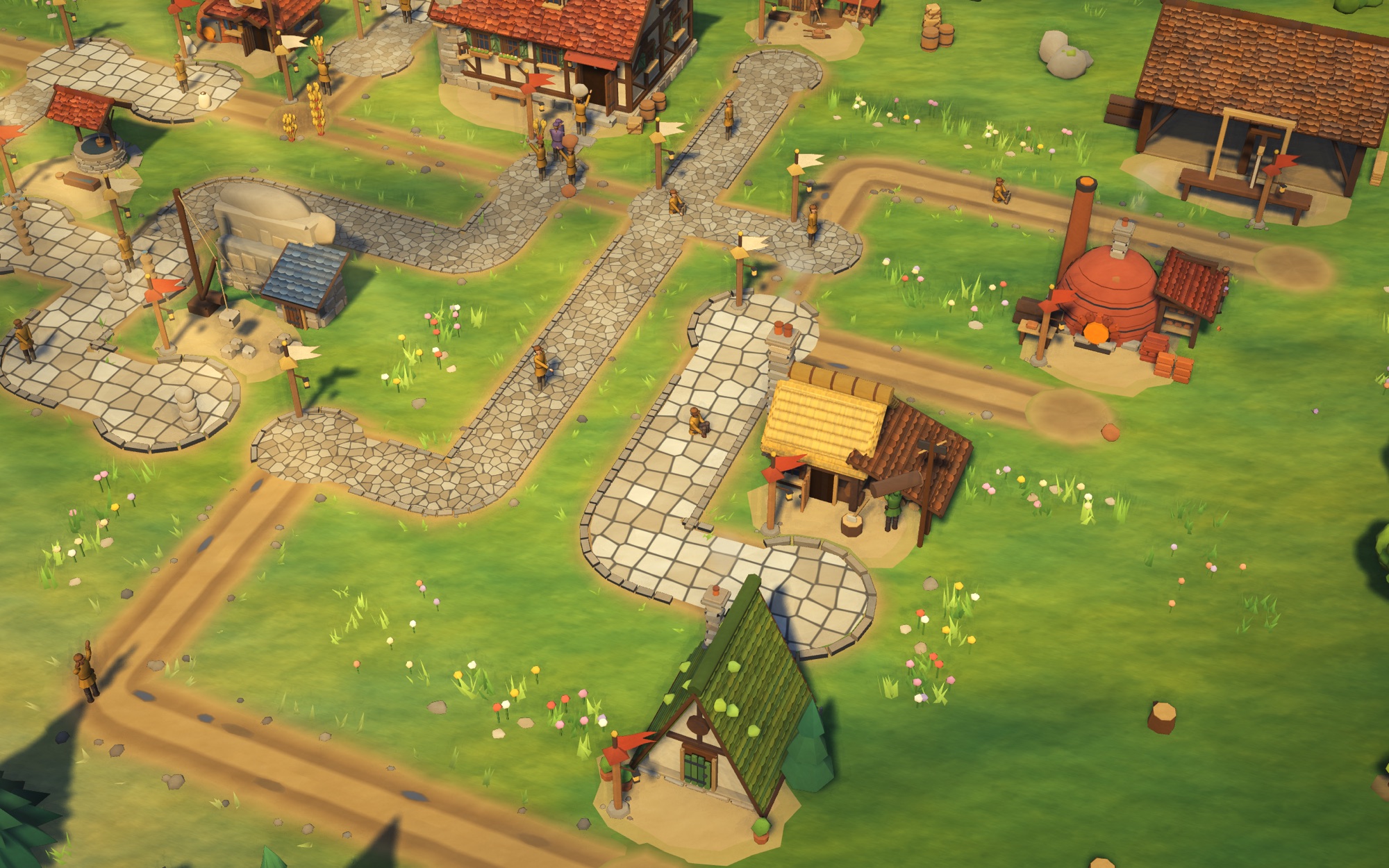 Close-up of cobbled high roads with stone kerbs, worn plazas under the waypost flags, and carriers on the path