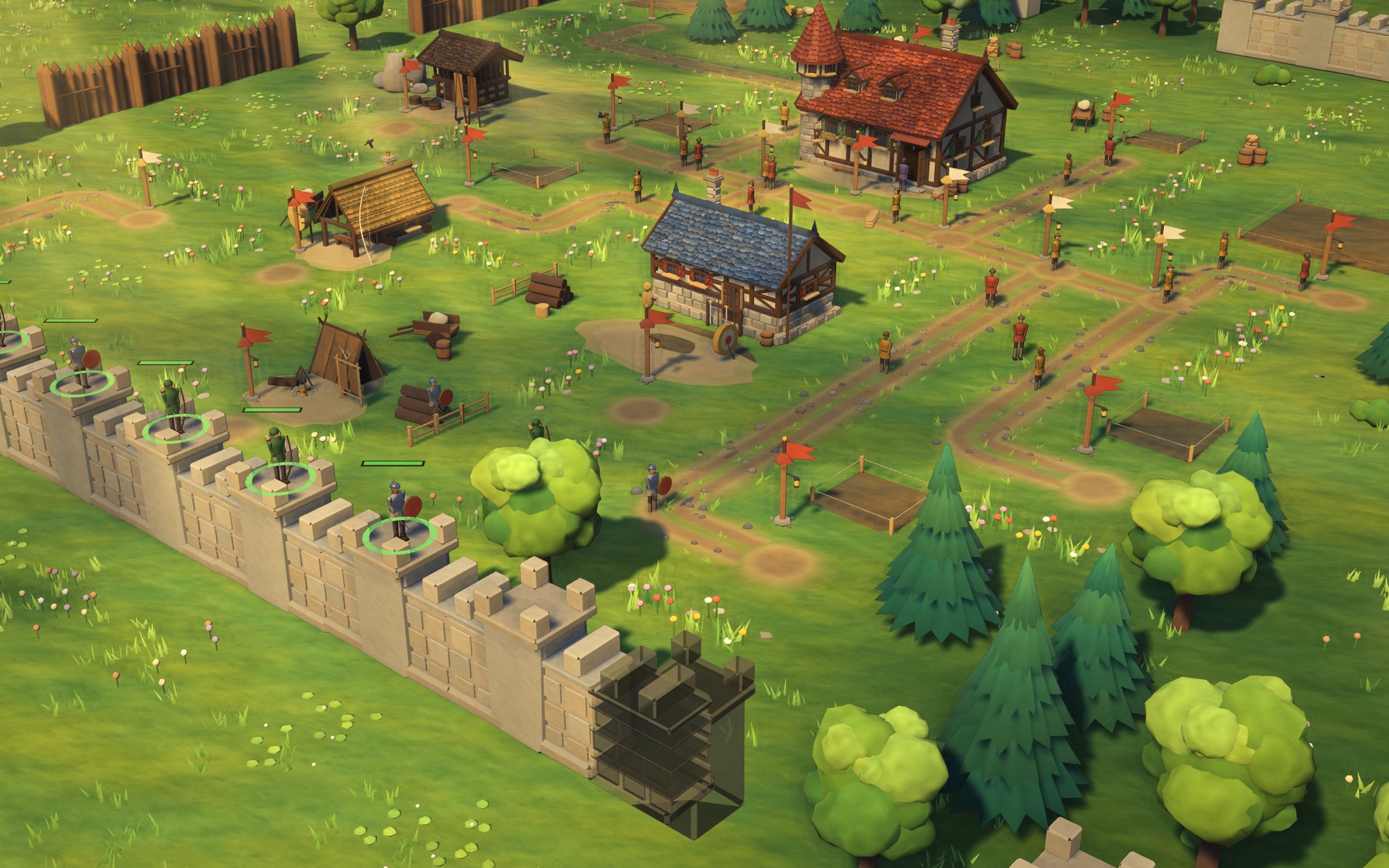 Stone walls and towers rising around the settlement, with roads and homes continuing inside the ring